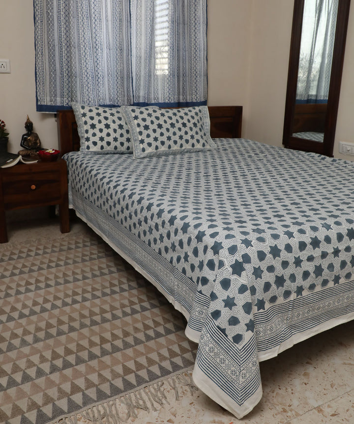 White grey hand block print sanganeri cotton double bed bedsheet