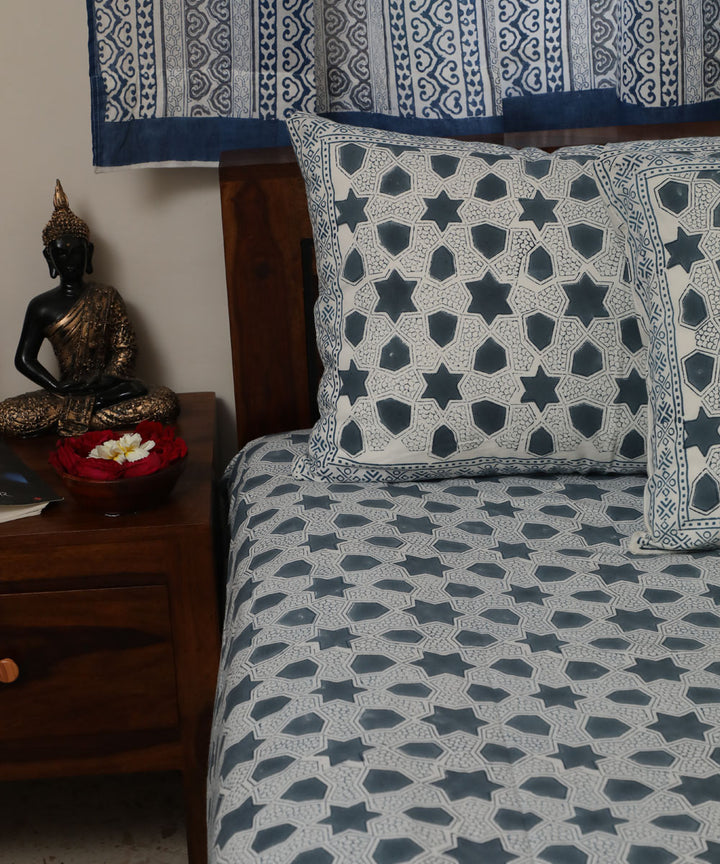 White grey hand block print sanganeri cotton double bed bedsheet