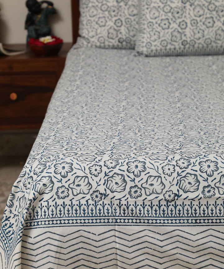 White grey cotton hand block printed sanganeri double bed bedsheet