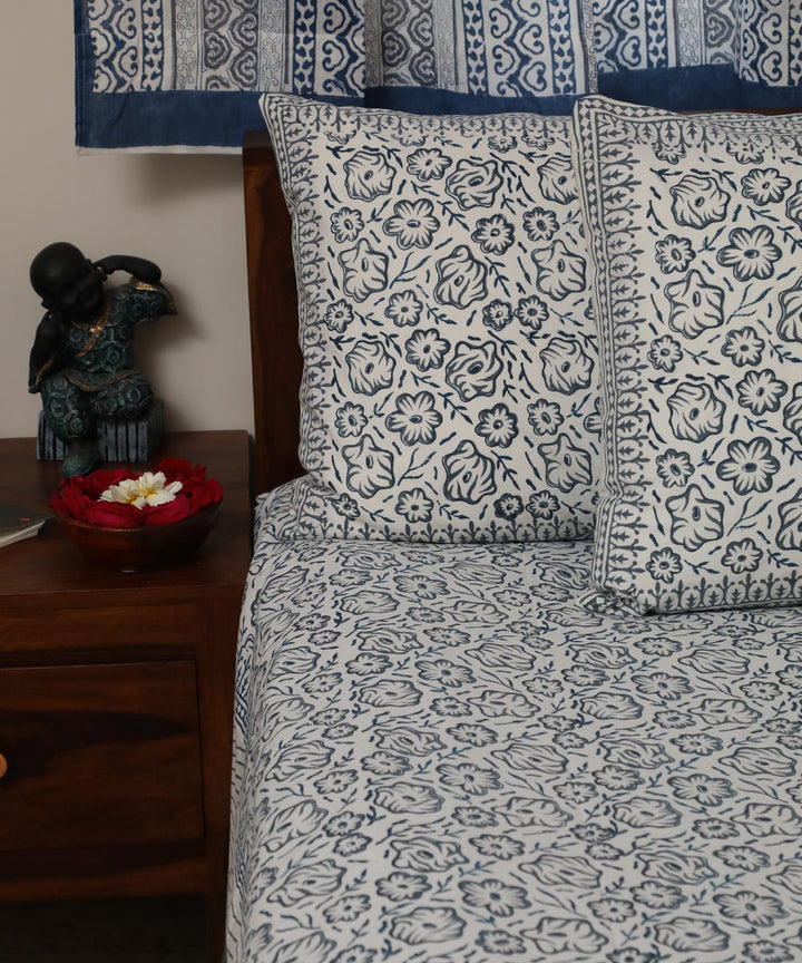 White grey cotton hand block printed sanganeri double bed bedsheet