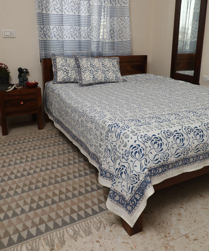 White blue cotton block printed sanganeri double bed bedsheet