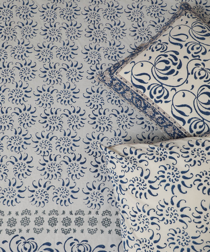 White blue cotton block printed sanganeri double bed bedsheet