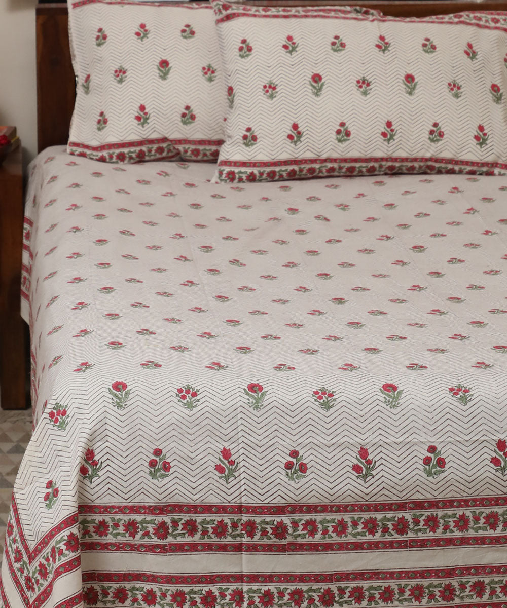 White pink block flower printed sanganeri cotton double bed bedsheet