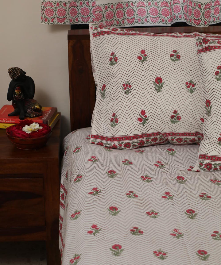 White pink block flower printed sanganeri cotton double bed bedsheet