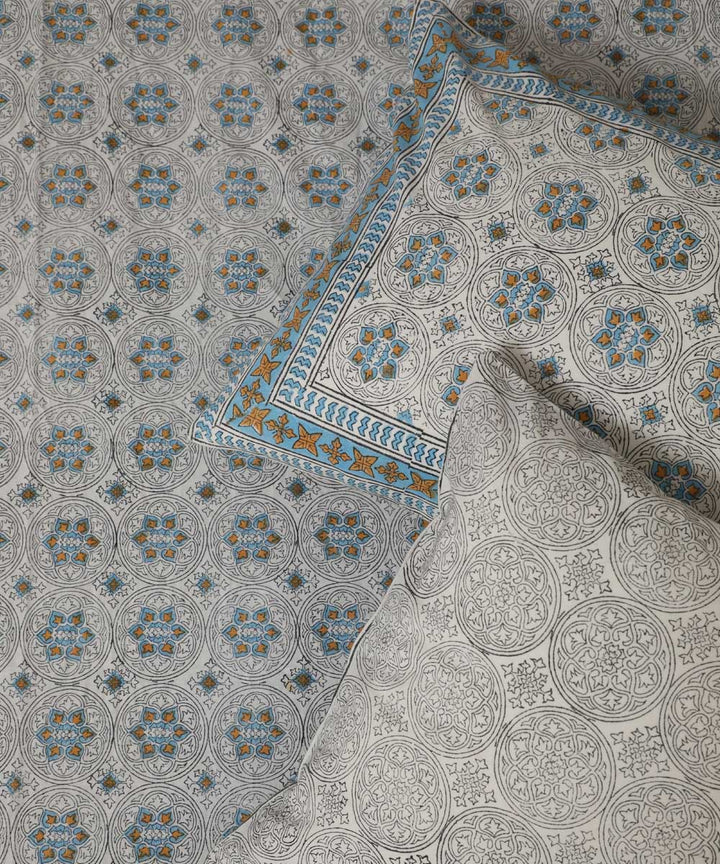 White sky blue block printed sanganeri cotton double bed bedsheet