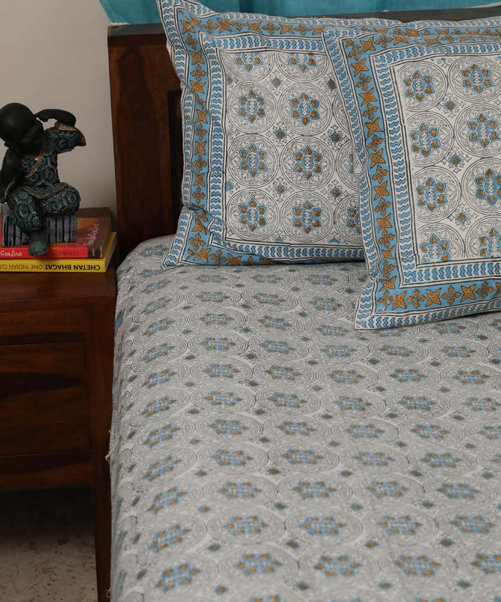 White sky blue block printed sanganeri cotton double bed bedsheet