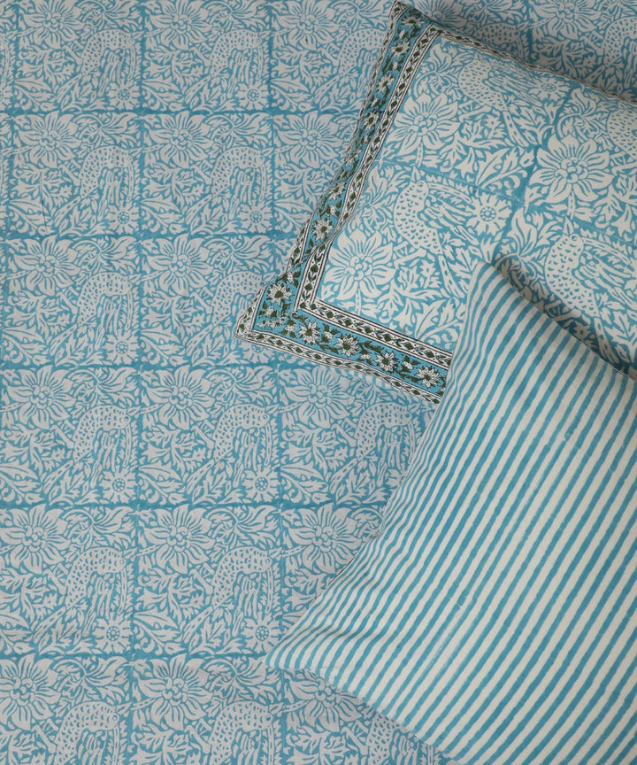 White sky blue block printed cotton double bed bedsheet
