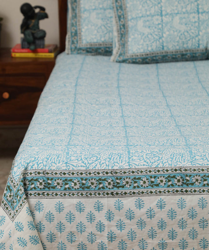 White sky blue block printed cotton double bed bedsheet