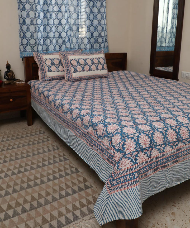 White navy hand block printed sanganeri cotton double bed bedsheet