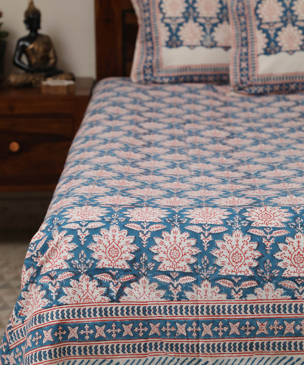 White navy hand block printed sanganeri cotton double bed bedsheet