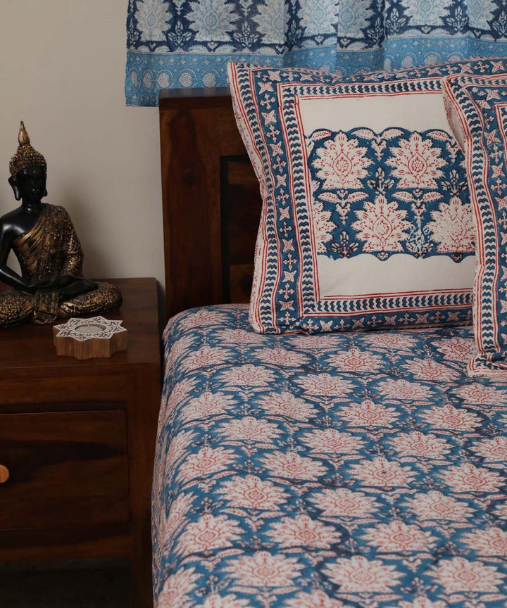 White navy hand block printed sanganeri cotton double bed bedsheet