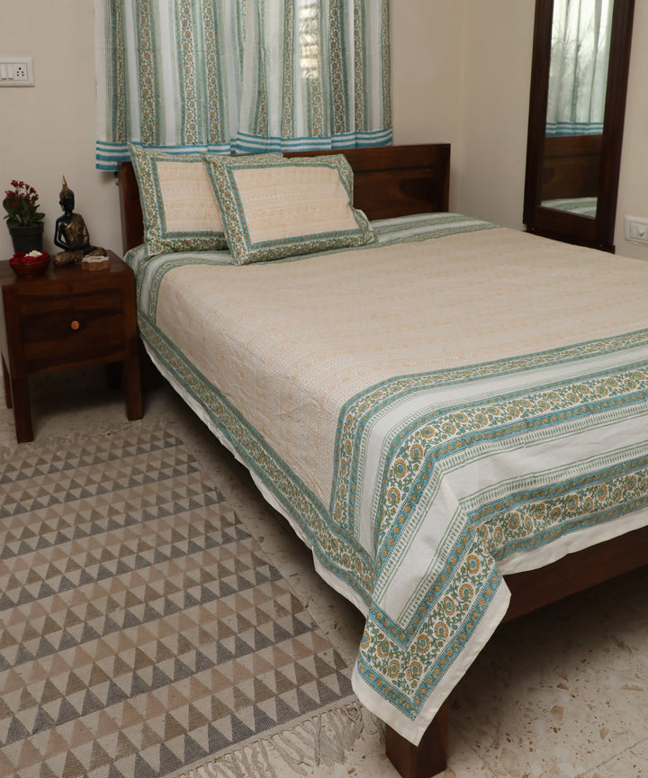 White yellow block printed sanganeri cotton double bed bedsheet