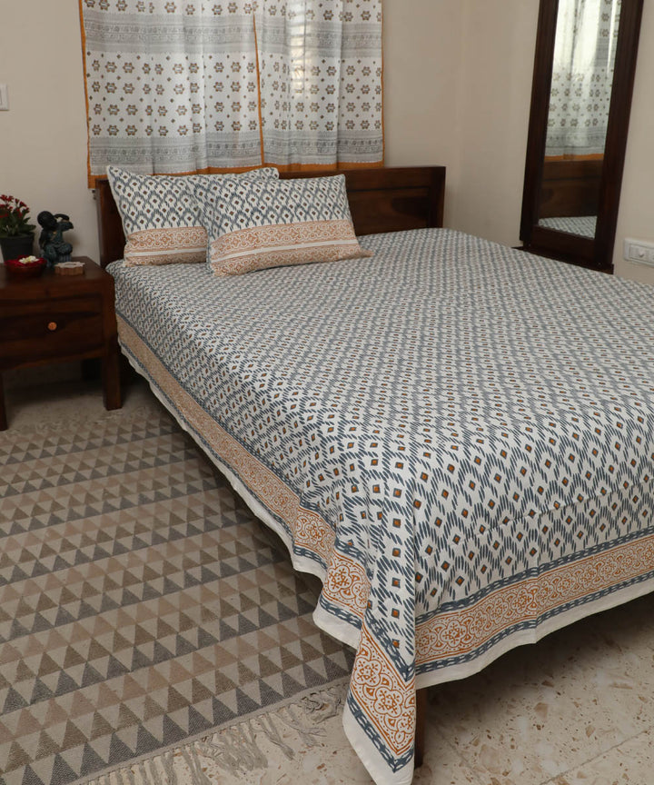 White grey hand printed sanganeri cotton double bed bedsheet