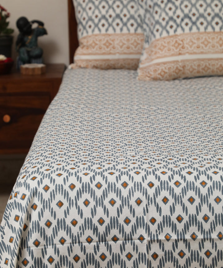 White grey hand printed sanganeri cotton double bed bedsheet