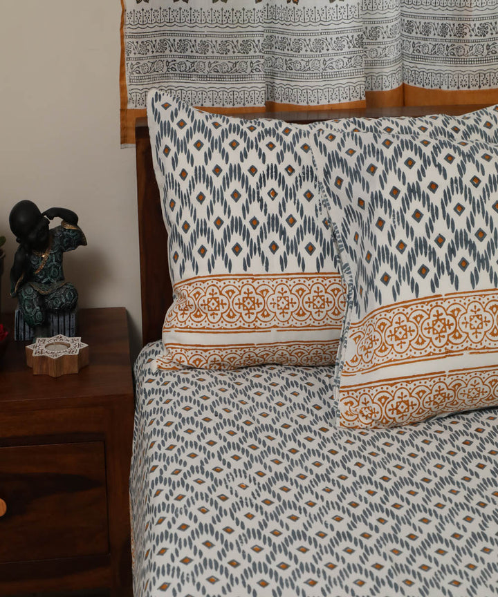 White grey hand printed sanganeri cotton double bed bedsheet