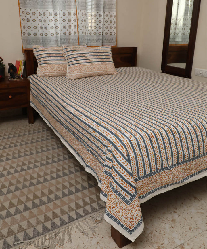 White grey striped hand block printed sanganeri cotton double bed bedsheet