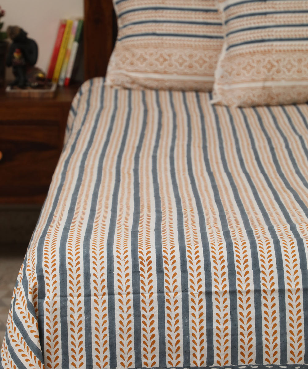 White grey striped hand block printed sanganeri cotton double bed bedsheet