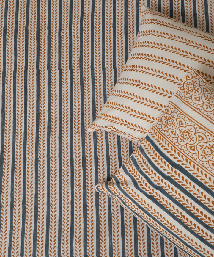 White grey striped hand block printed sanganeri cotton double bed bedsheet
