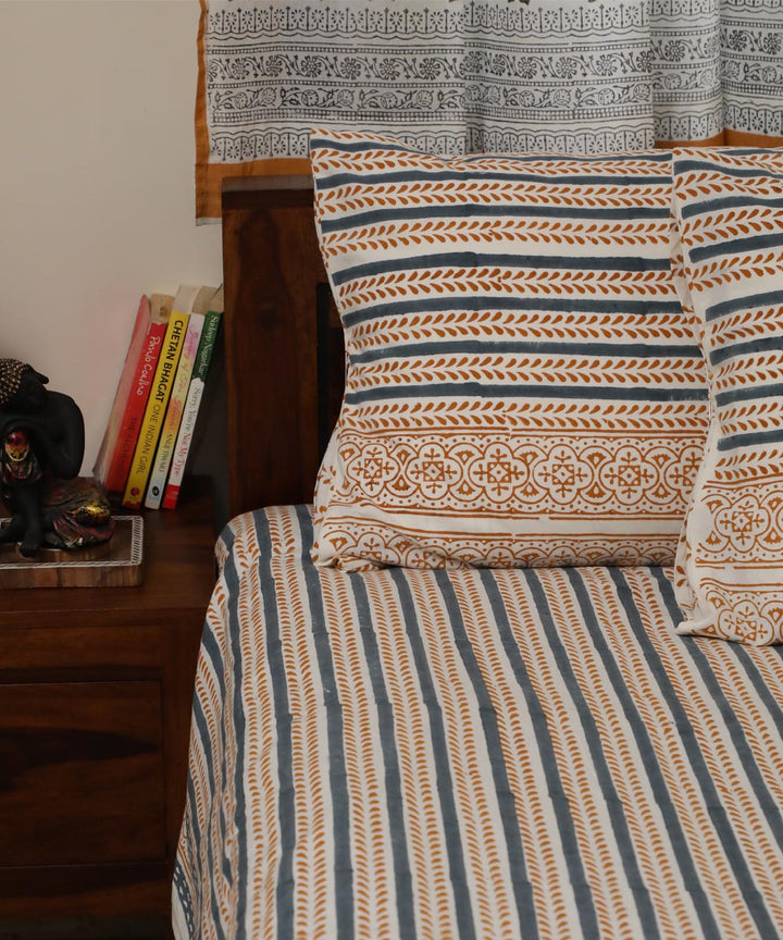 White grey striped hand block printed sanganeri cotton double bed bedsheet