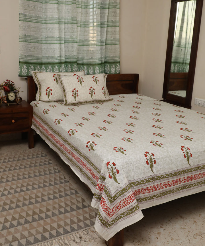 White hand block printed sanganeri cotton floral double bed bedsheet