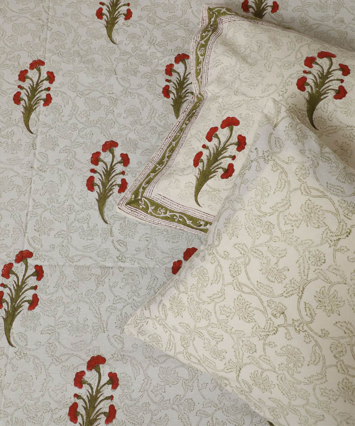 White hand block printed sanganeri cotton floral double bed bedsheet