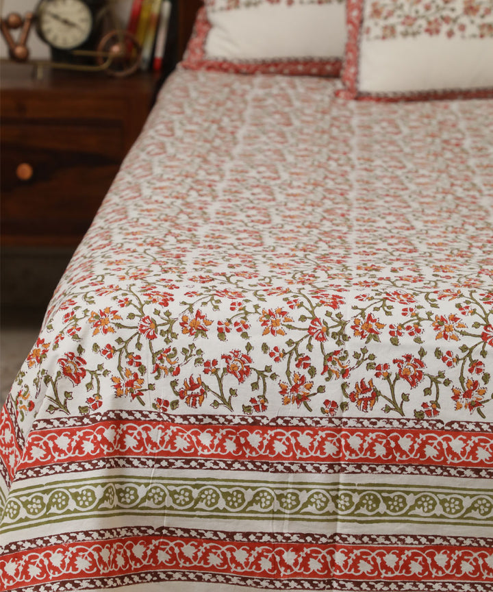 White red cotton hand block printed sanganeri double bed bedsheet