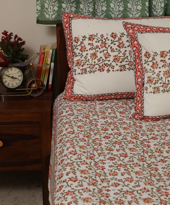 White red cotton hand block printed sanganeri double bed bedsheet