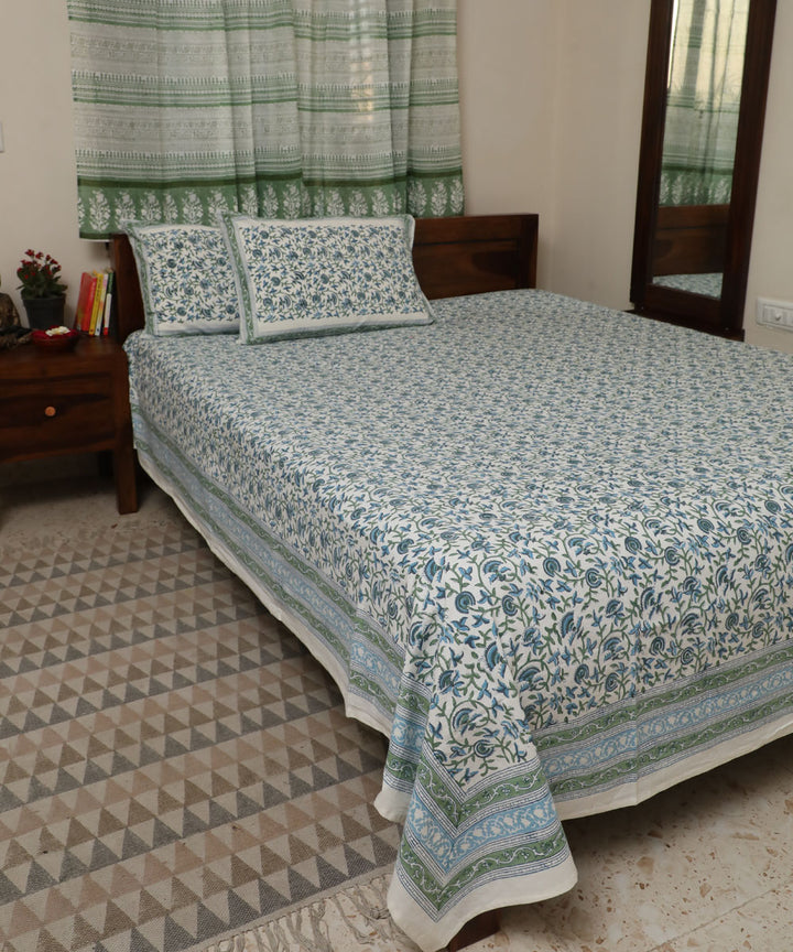 White blue floral block printed sanganeri cotton double bed bedsheet