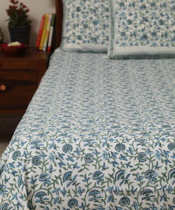 White blue floral block printed sanganeri cotton double bed bedsheet