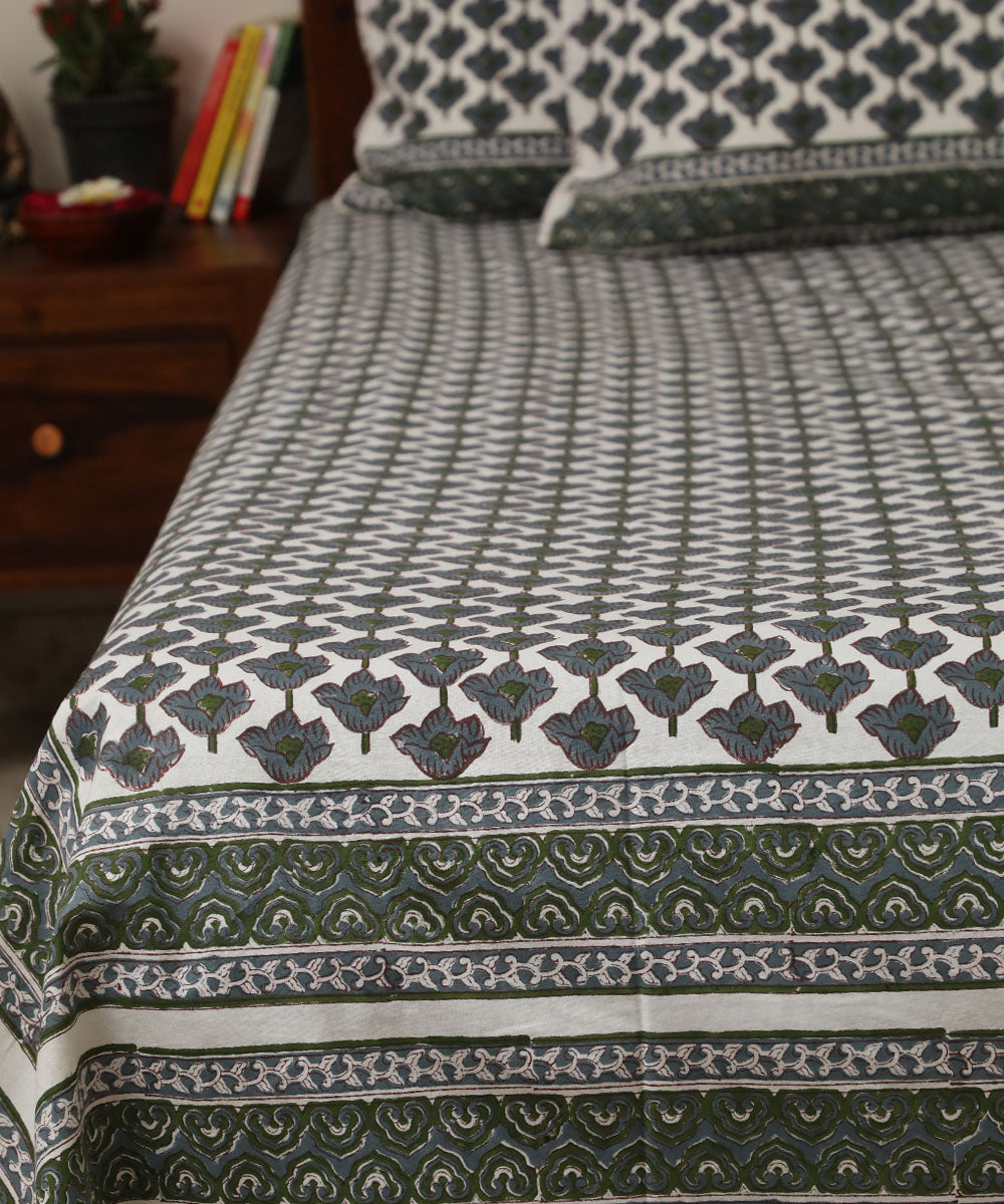 White grey all over block print sanganeri cotton double bed bedsheet