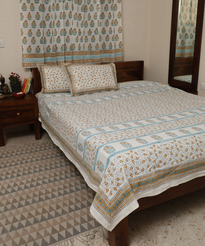 White mustard hand block printed sanganeri cotton double bed bedsheet