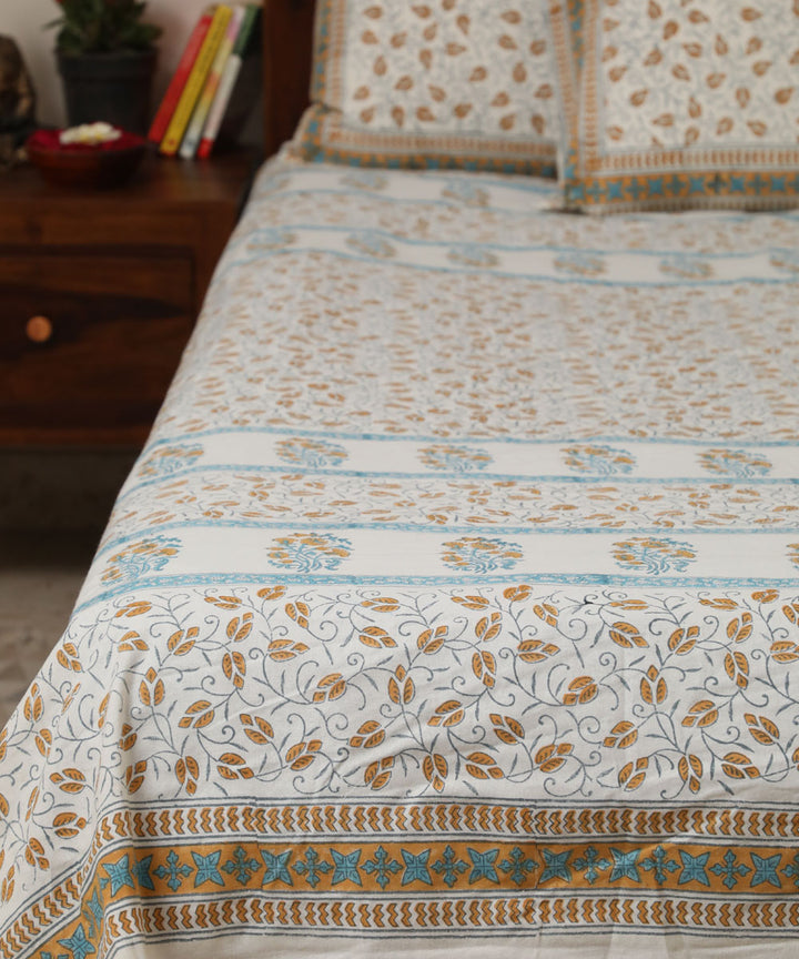 White mustard hand block printed sanganeri cotton double bed bedsheet