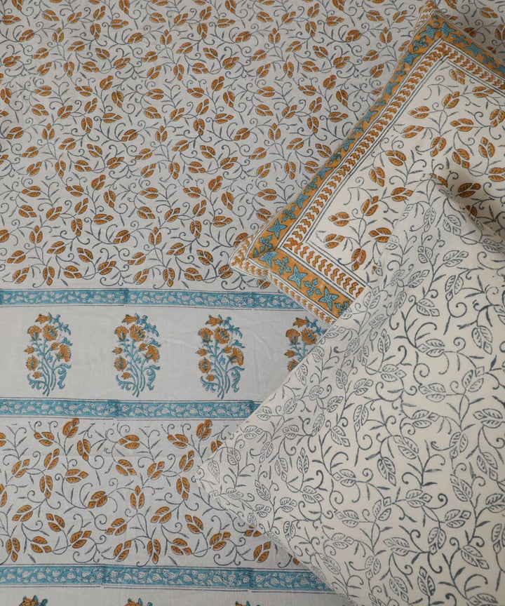 White mustard hand block printed sanganeri cotton double bed bedsheet