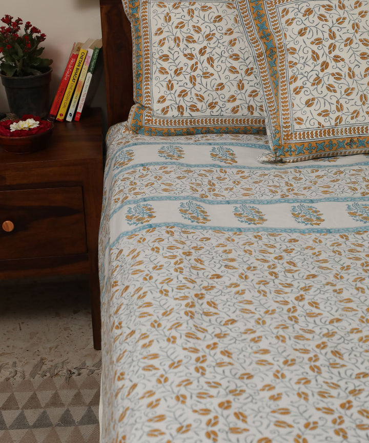 White mustard hand block printed sanganeri cotton double bed bedsheet