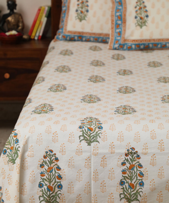 White yellow floral block print sanganeri cotton double bed bedsheet