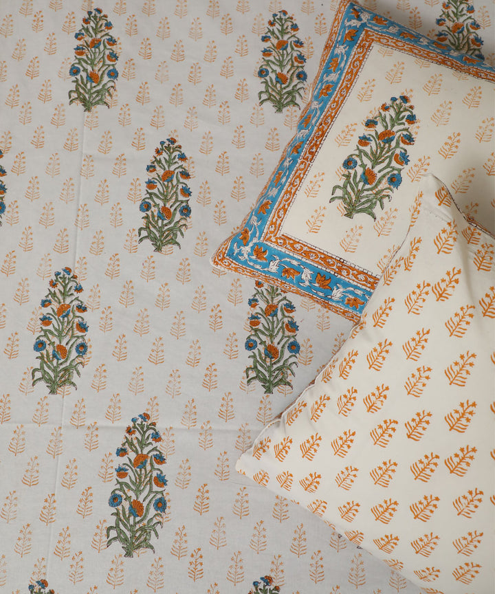White yellow floral block print sanganeri cotton double bed bedsheet