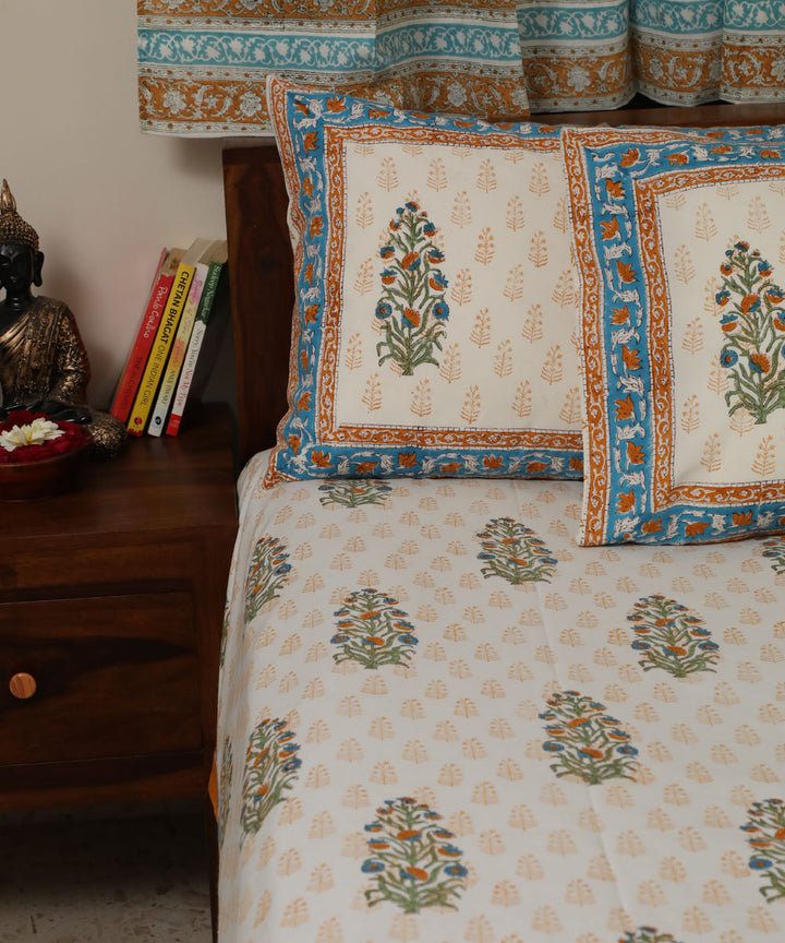 White yellow floral block print sanganeri cotton double bed bedsheet