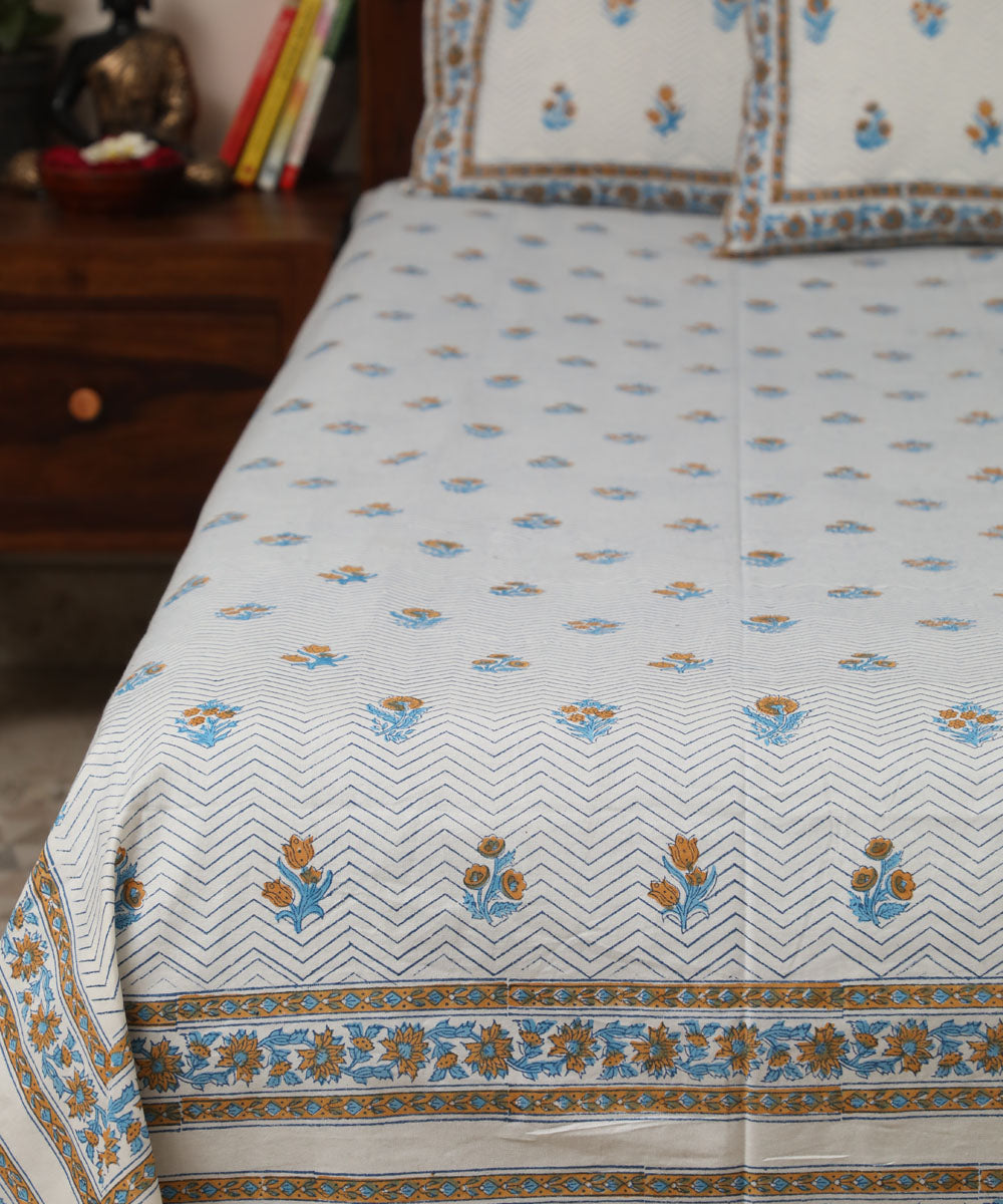 White blue zig zag block printed sanganeri cotton double bed bedsheet