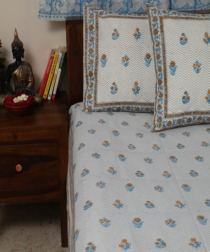 White blue zig zag block printed sanganeri cotton double bed bedsheet