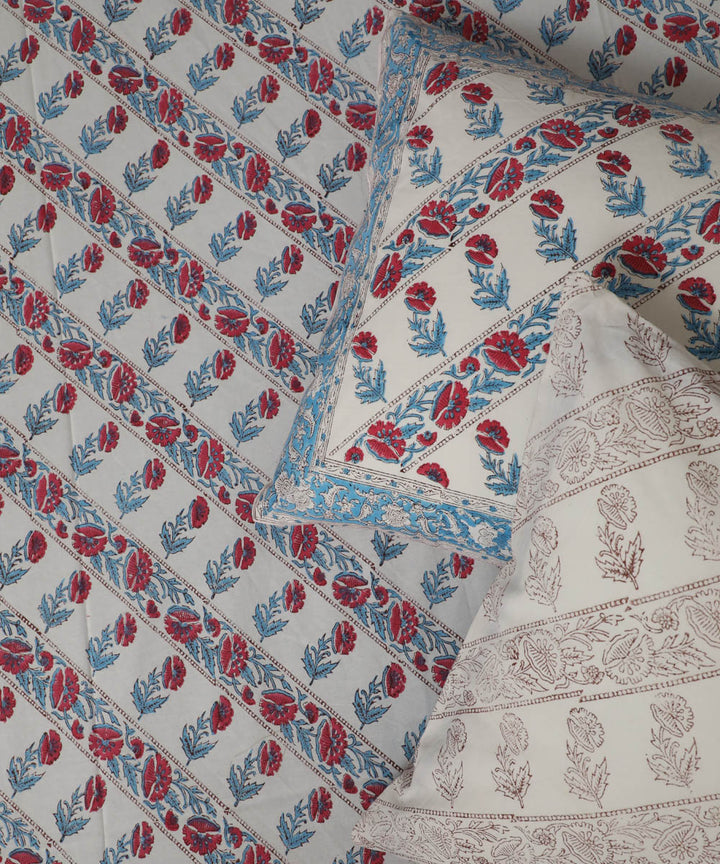 White pink cotton hand block printed sanganeri double bed bedsheet
