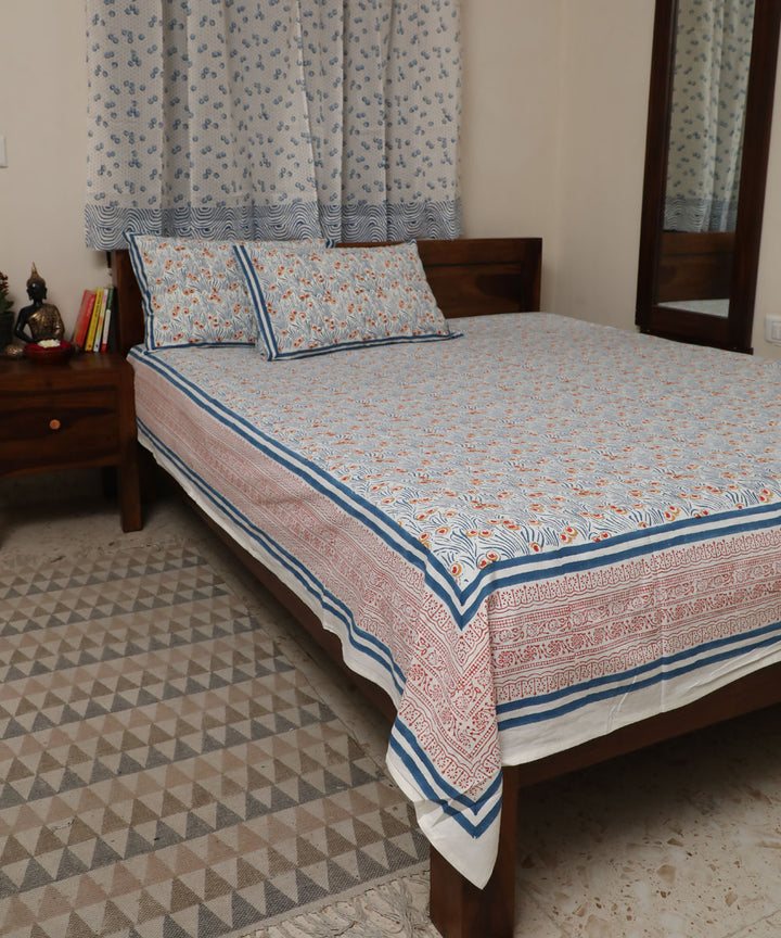 White blue all over block print sanganeri cotton double bed bedsheet