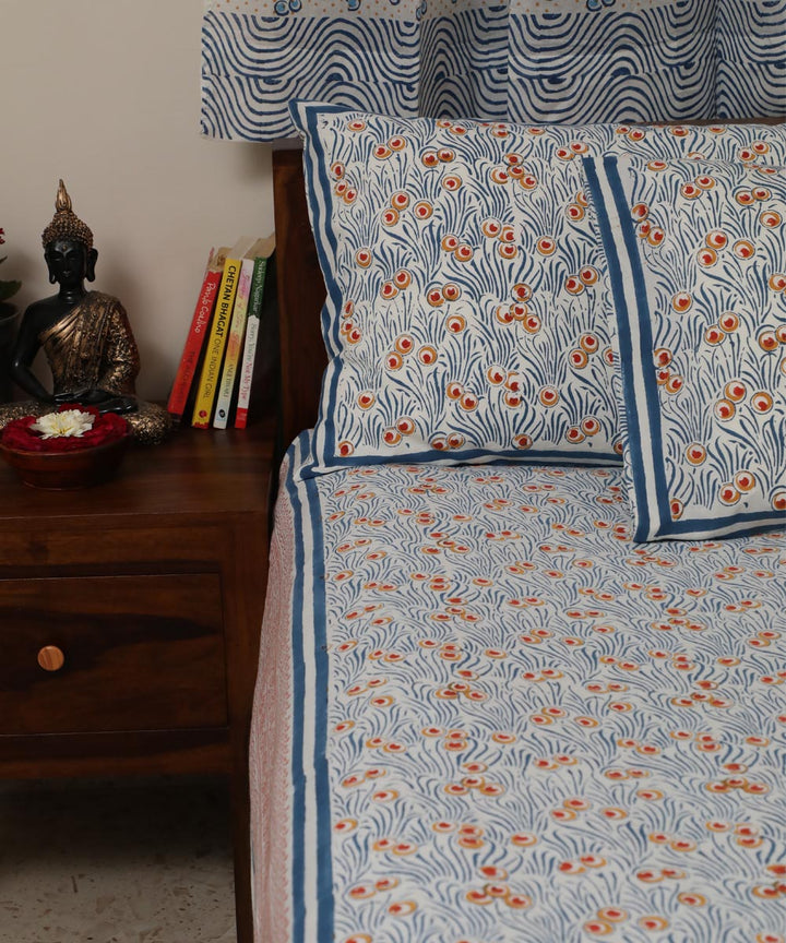 White blue all over block print sanganeri cotton double bed bedsheet