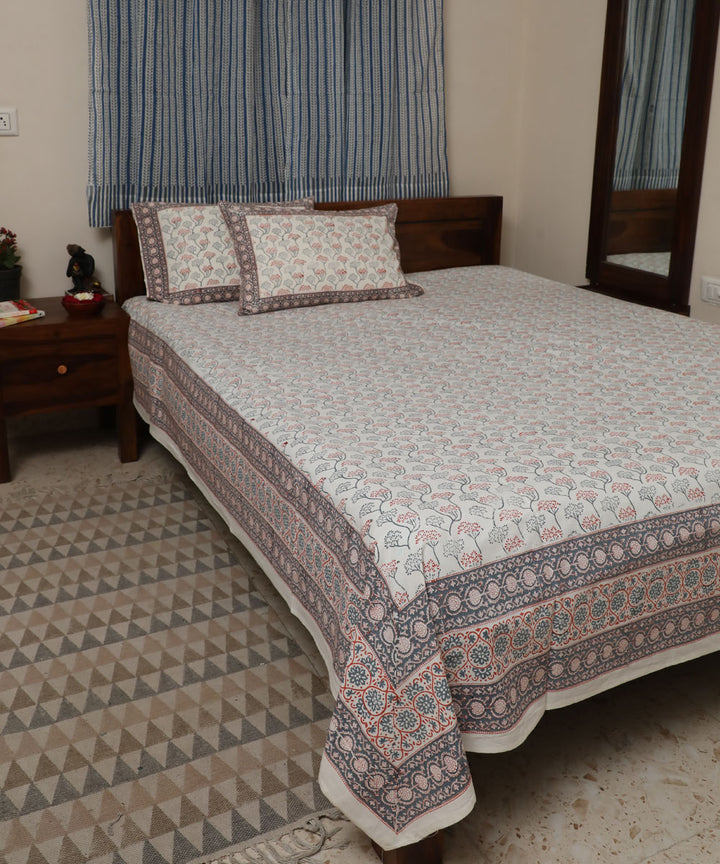 White grey floral block printed sanganeri cotton double bed bedsheet