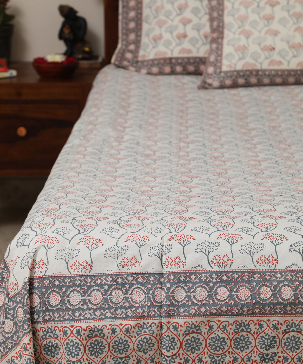 White grey floral block printed sanganeri cotton double bed bedsheet