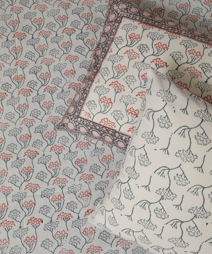 White grey floral block printed sanganeri cotton double bed bedsheet