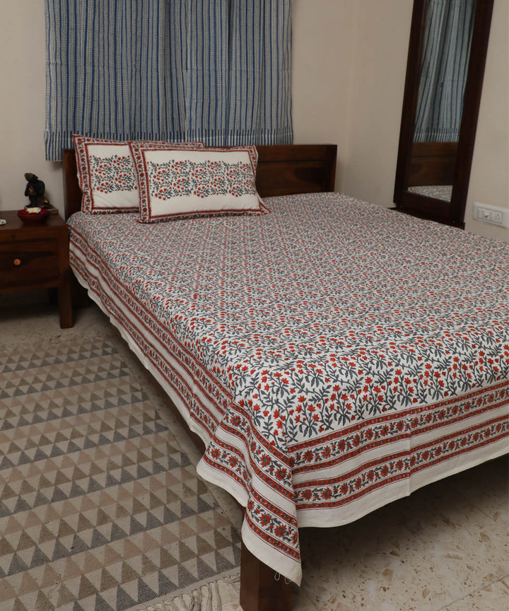 White grey floral cotton block printed sanganeri double bed bedsheet