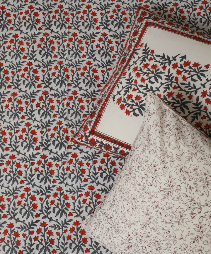 White grey floral cotton block printed sanganeri double bed bedsheet