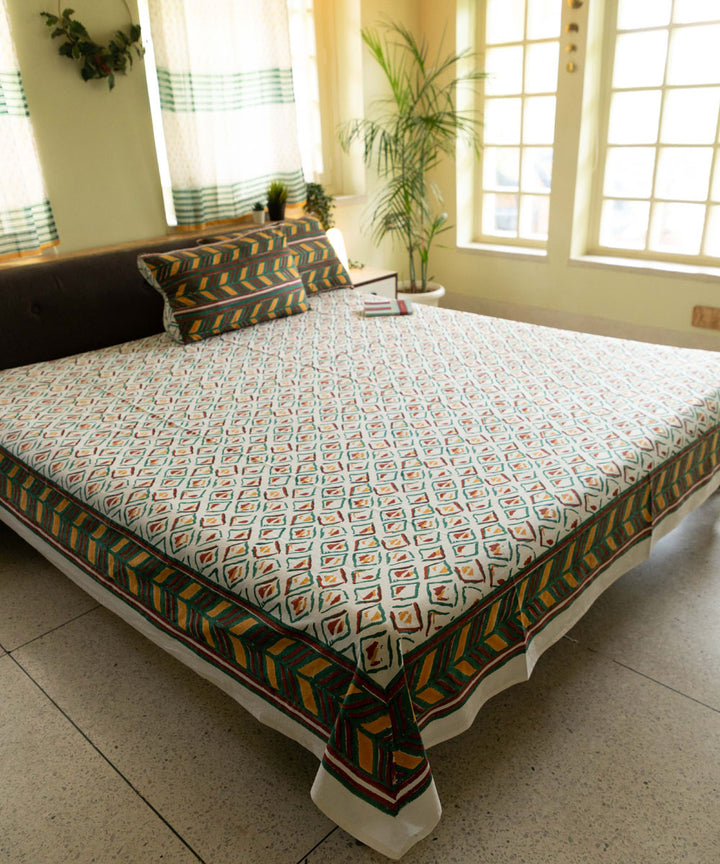 White green pillow block print sanganeri cotton double bed bedsheet