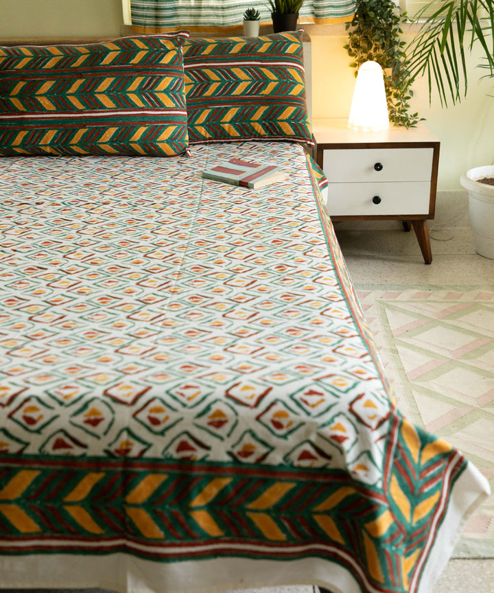 White green pillow block print sanganeri cotton double bed bedsheet