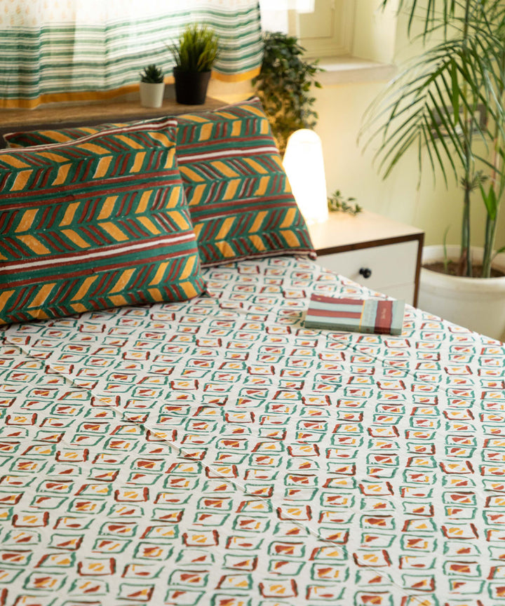 White green pillow block print sanganeri cotton double bed bedsheet